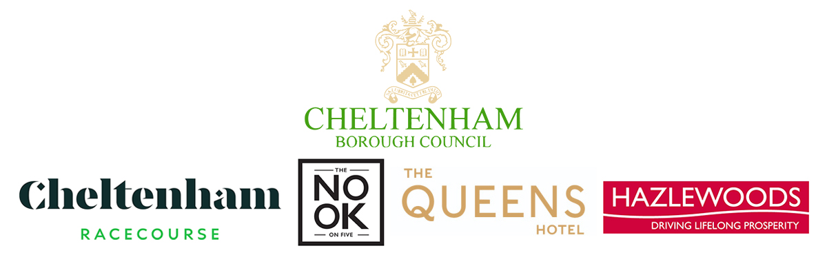 Logos for Cheltenham Borough Council, Nook on Five, Cheltenham Racecourse and Hazlewoods